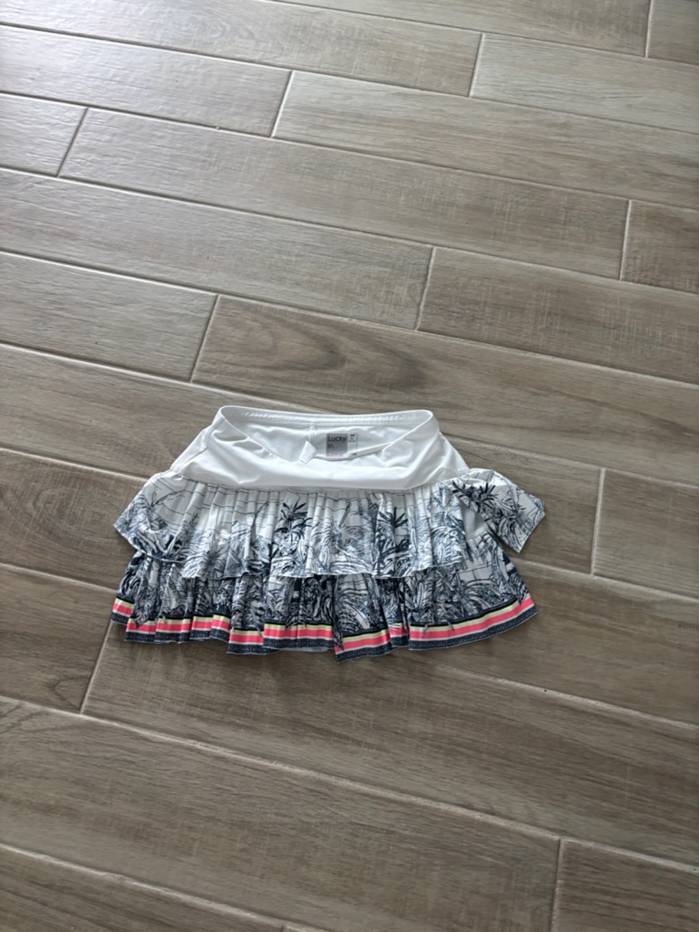 Lucky in Love White Tiered Skirt with Navy Botanical Print and Colorful Trim